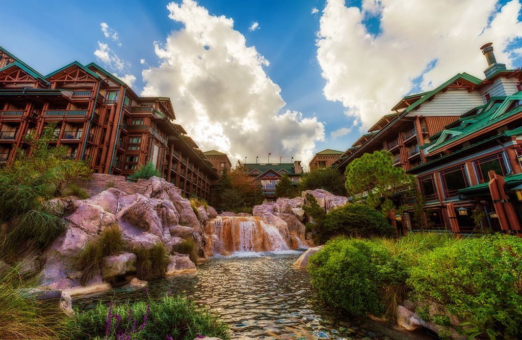 waterfall running through boulder ridge villas at disneys wilderness lodge dvc resort